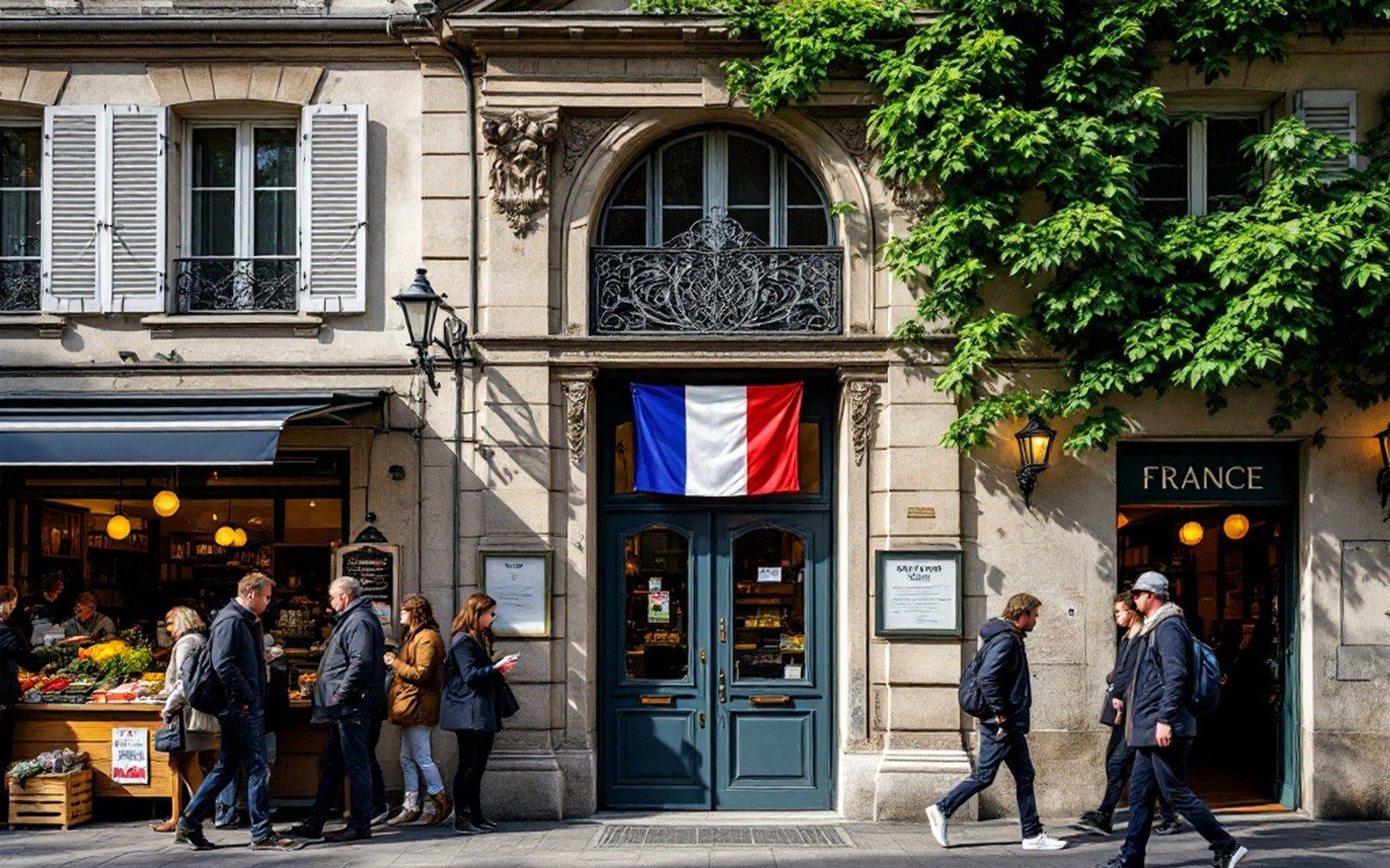 A street frontage with the tricolore over the door and people passing